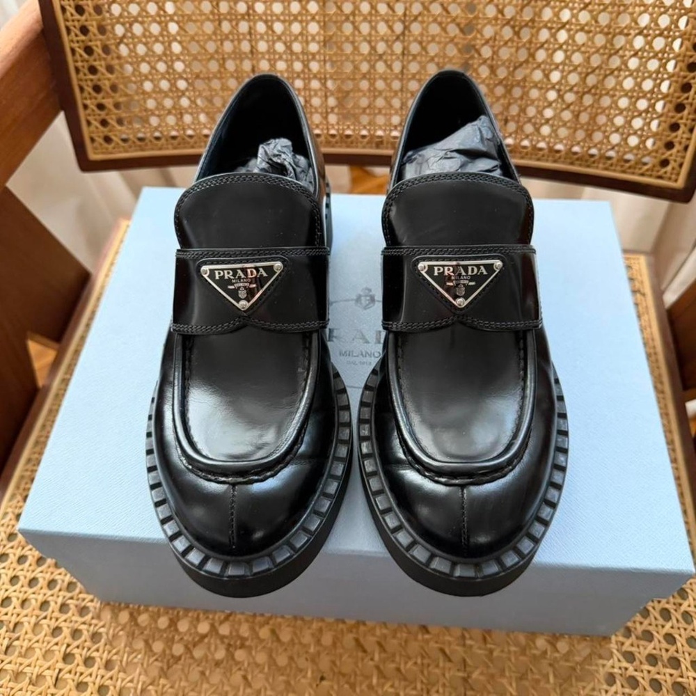 Prada Chocolate Brushed Black Leather Loafers